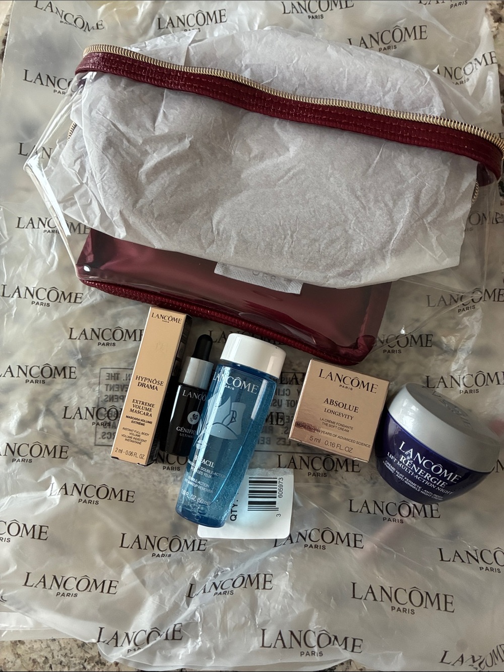 Lancôme Skincare Set with Burgundy Clear Travel Pouch and Blue Cleansing Water